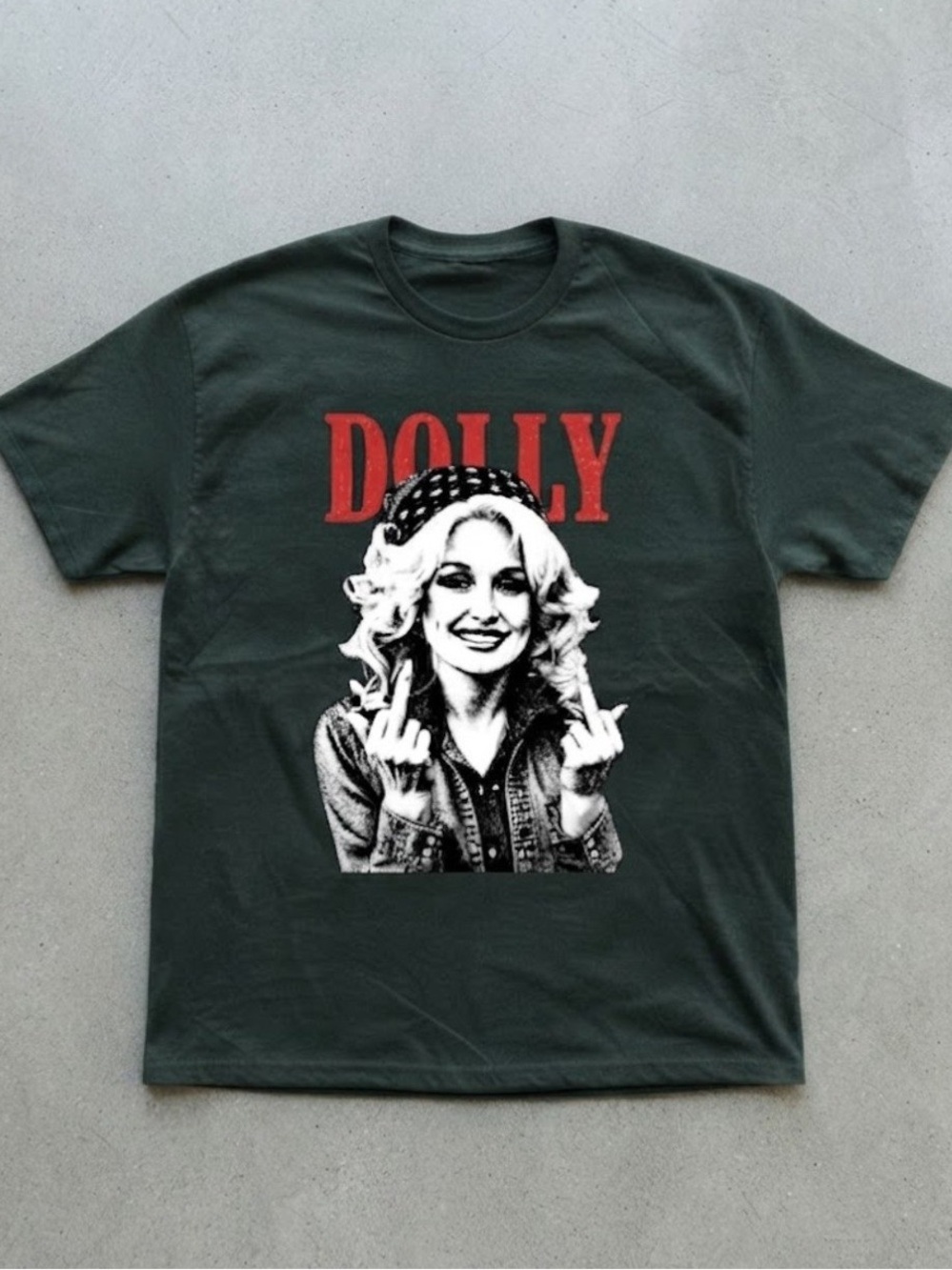 Dolly Parton Middle Finger Graphic Dark Green Unisex Gildan T-Shirt